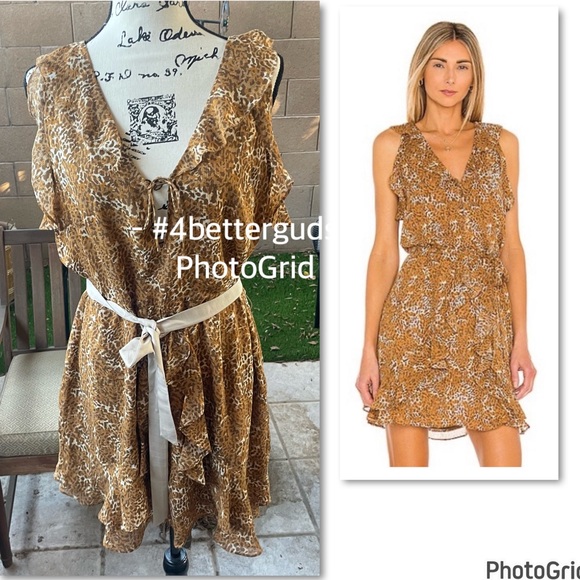 NEW Paige Tia Silk Belted Ruffle Leopard Animal Print Caramel Spice Mini Dress L - Picture 4 of 16